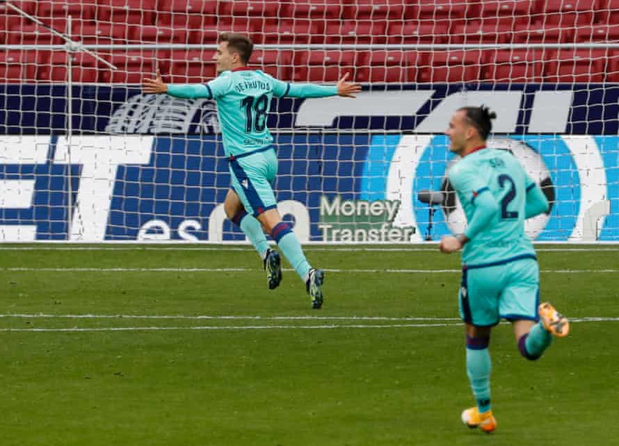 Levante’s Jorge de Frutos celebrates scoring their second goal